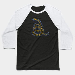 Distressed Denim Blue and Banana Yellow 80s Retro Gadsden Snake on Maroon Default background Baseball T-Shirt